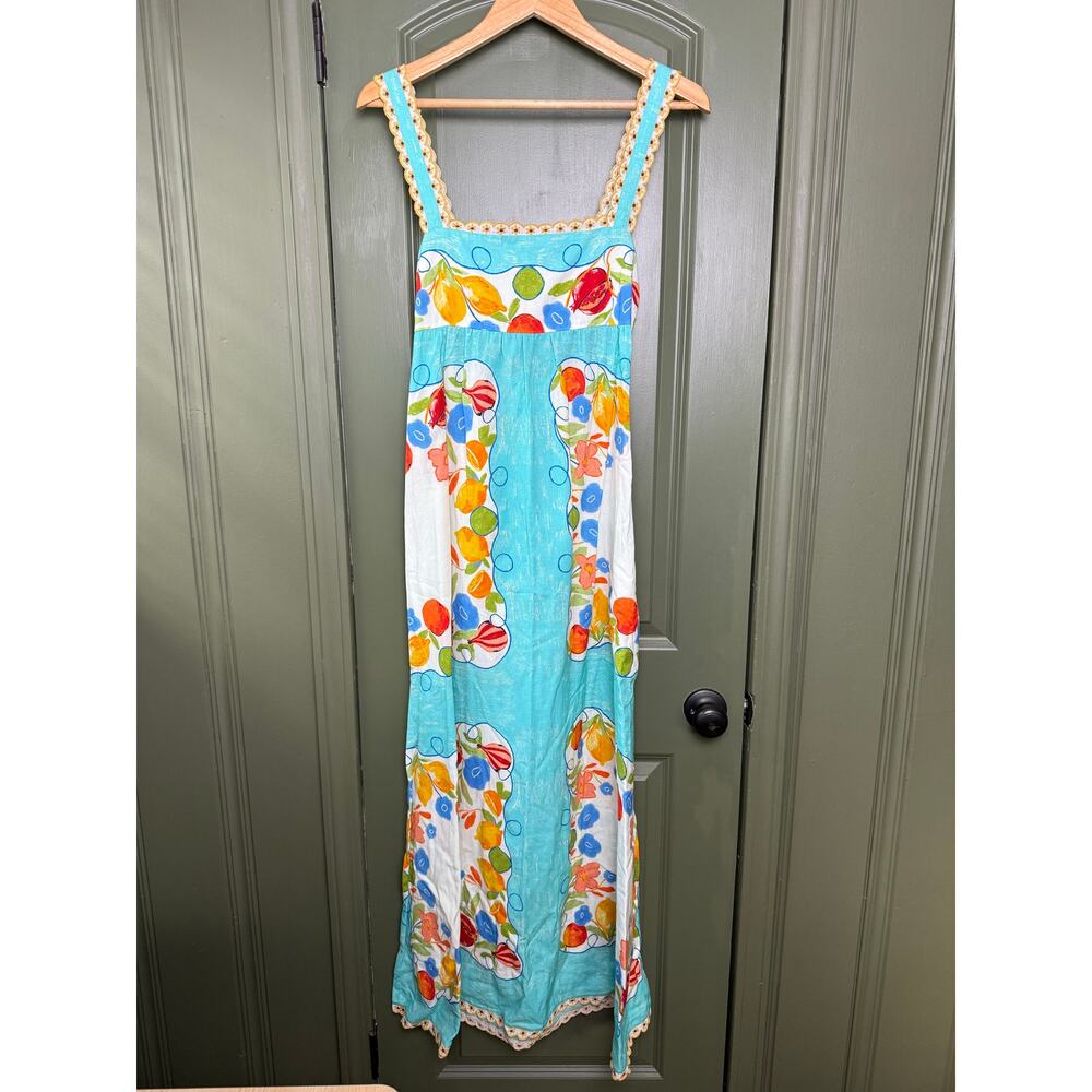 NWT Saylor Kerina Fruit + Floral Scarf Placement Print Bow Maxi Dress Blue Small
